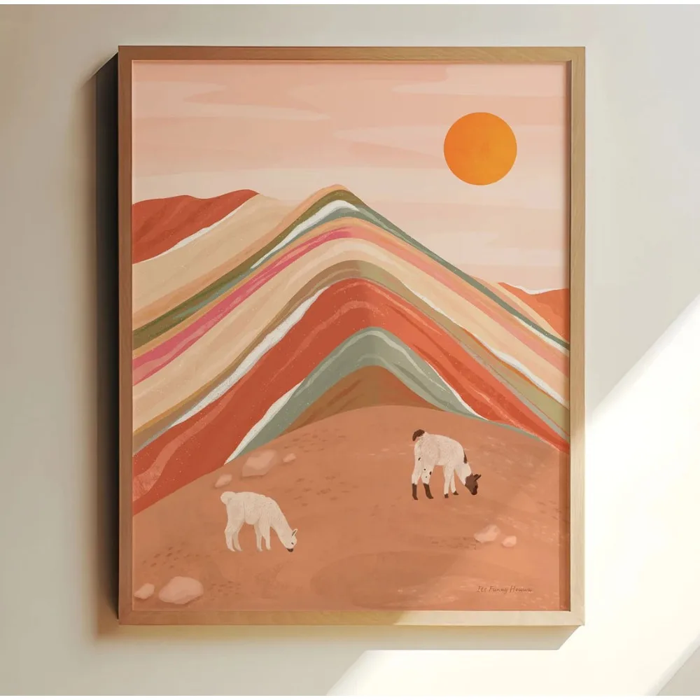 Bohemian Colorful Mountain With Alpacas Canvas Poster Wall Art,2D Print Wall Decor,Aesthetic Home Decor For Living Room Bedroom