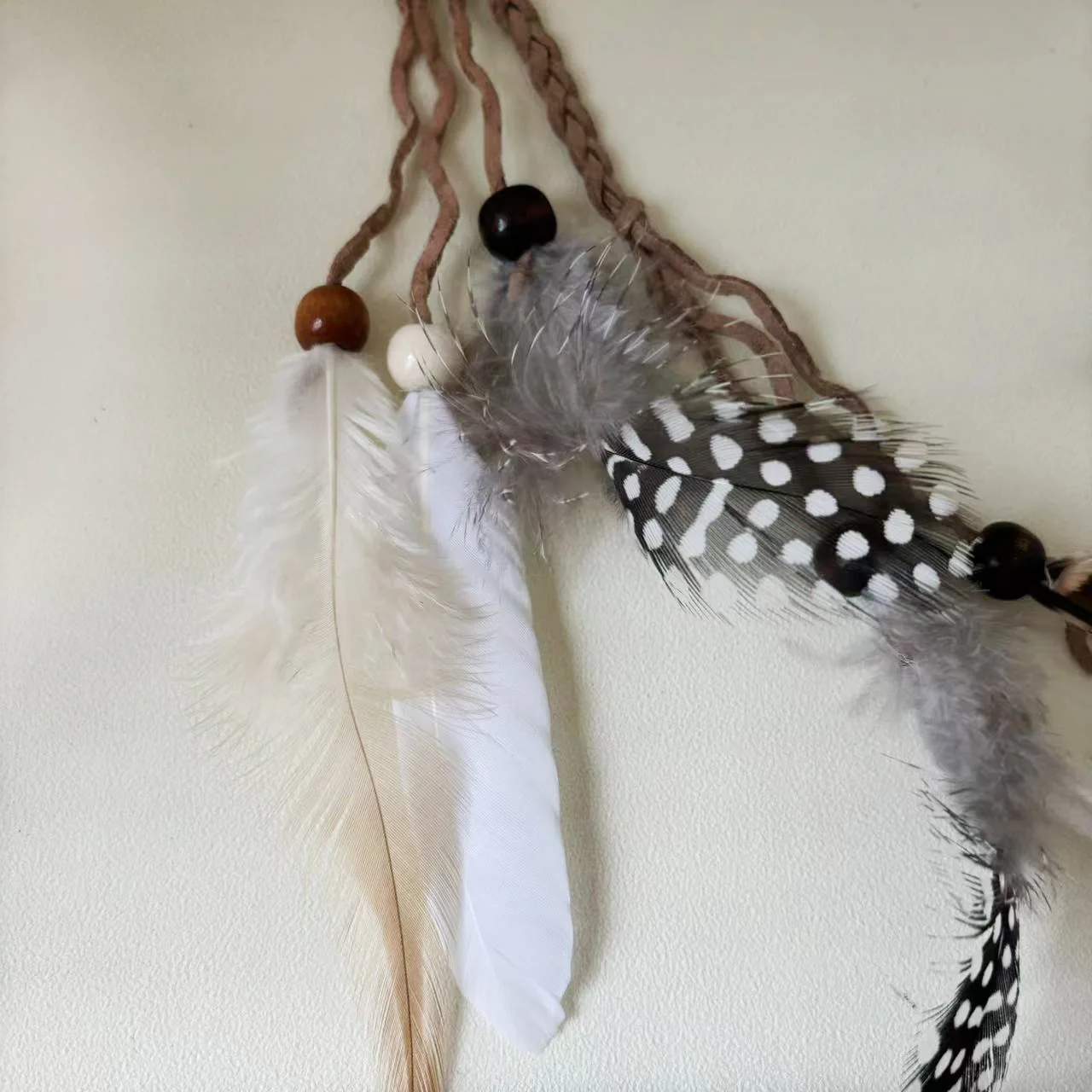 Extra Long Feather BB Clips Boho Braiding Ropes with Wood Beads Dreadlock Hair Jewelry Festival Accessory