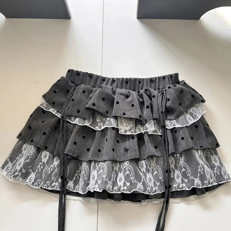 Y2K Streetwear Mini Skirt Women Subculture Summer Lace Polka Dots Cake Skirts Vintage High Waist Bandage Kawaii Hottie Skirt New