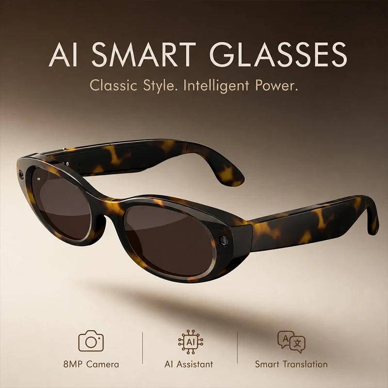 AI Translation Smart Glasses With Camera Sunglasses Women Bluetooth Play Music Charging Case Recording Voice Eyeglasses UV400