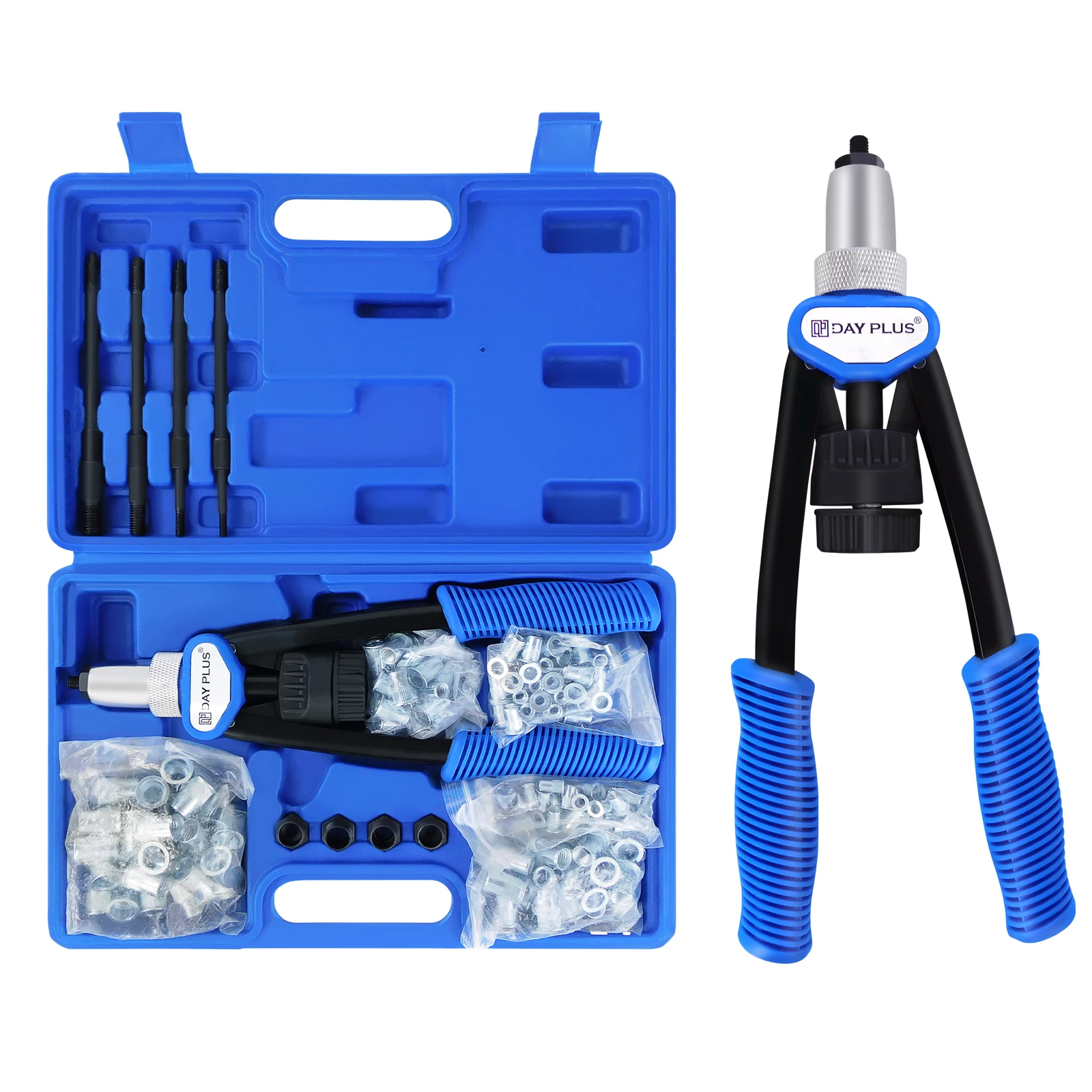 Set di pinze per dadi per rivetti, rivettatrice manuale professionale con mandrini M5 M6 M8 M10 M12, rivetti da 150 pezzi e cassetta degli attrezzi