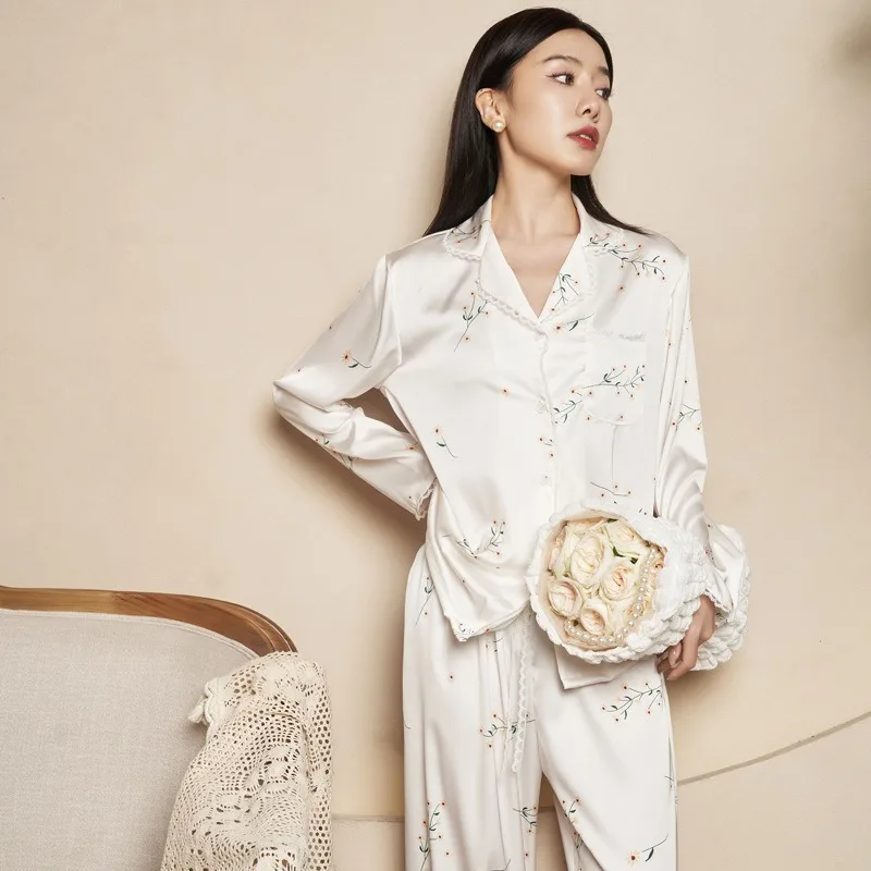 

New Spring and Autumn Women's Pajamas Women's Long Sleeve Pants Home Clothes Satin Silk Printed Pajamas Two Piece Set