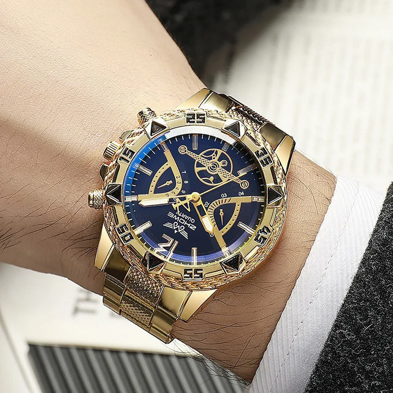 Fashion Men's Quartz Watch Blue Light Large Dial Gold Bezel Steel Strap Male Business Wristwatch Casual Simple Stylish Boy Gifts