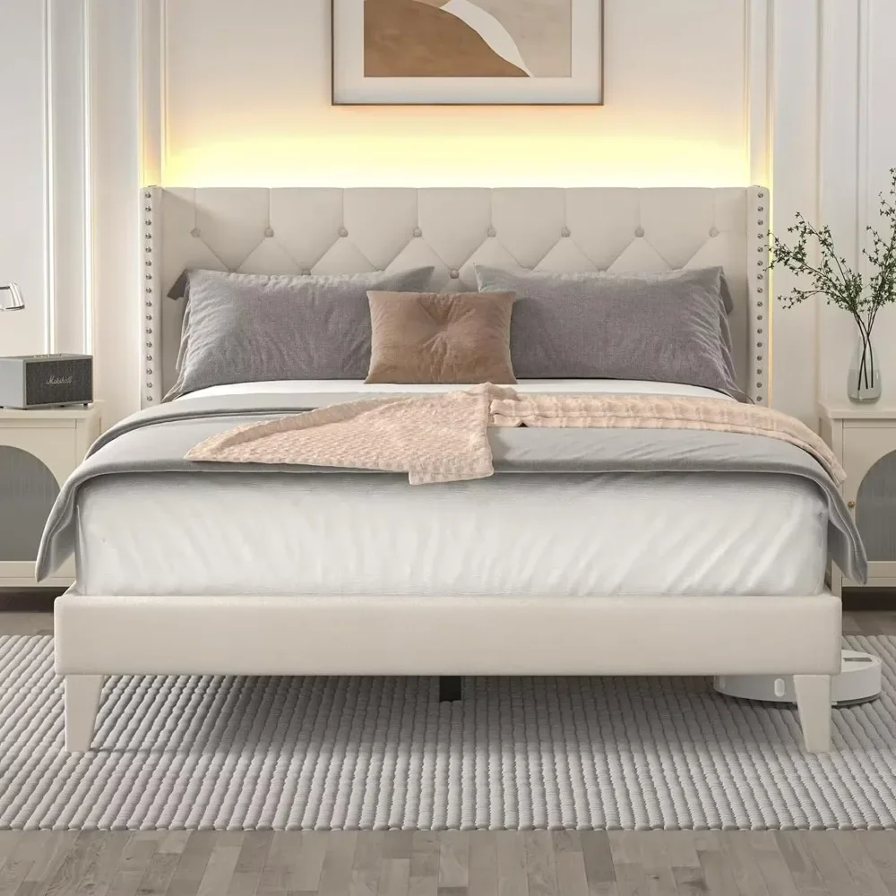 Queen Size Bed Frame with LED Lights, Upholstered Bed Frame with Wingback Diamond Tufted Headboard,