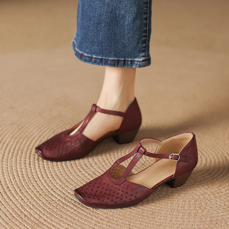 

2026 new summer women sandals natural leather 22-25cm cowhide+pigskin hollow-out t-tied ankle-buckle high heel women shoes f