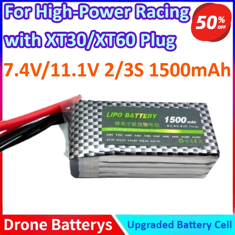 

7.4V/11.1V 2/3S 1500mAh 2.5/3.5/5/7-inch, 100/120C Capacity FPV Racing Drone Battery for High-Power Racing with XT30/XT60 Plug