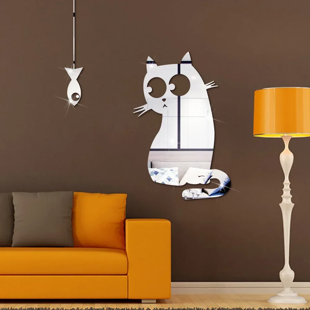 Cat Fish Wall Stickers Cute Mirror WallPaper Decal for Living Room Bedroom Bathroom Home Nordic Decoration Small Mirror