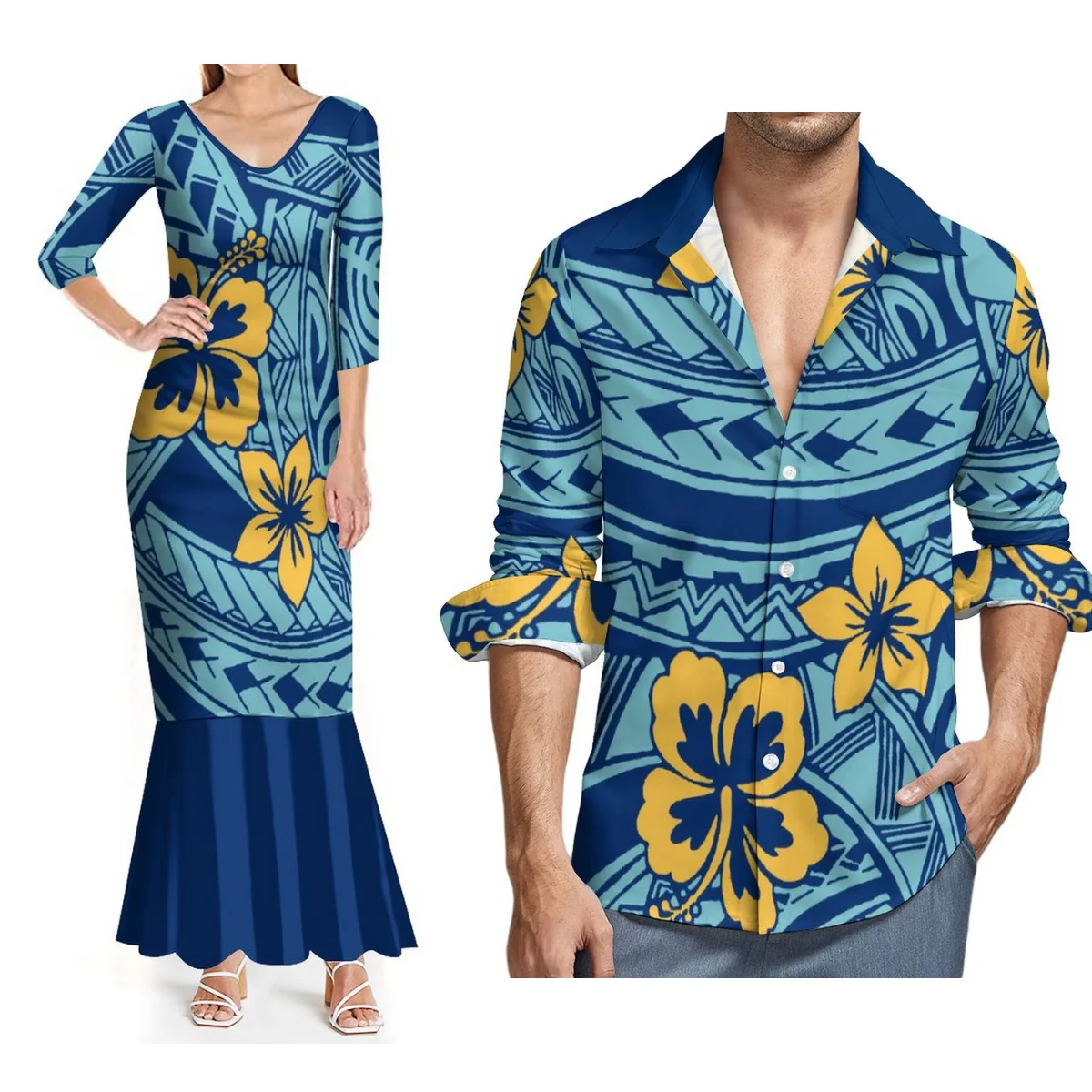

Women'S Mid-Sleeved Dress Party Elegant Fishtail Dress With Men'S Long-Sleeved Shirt Polynesian Island Design Free Shipping