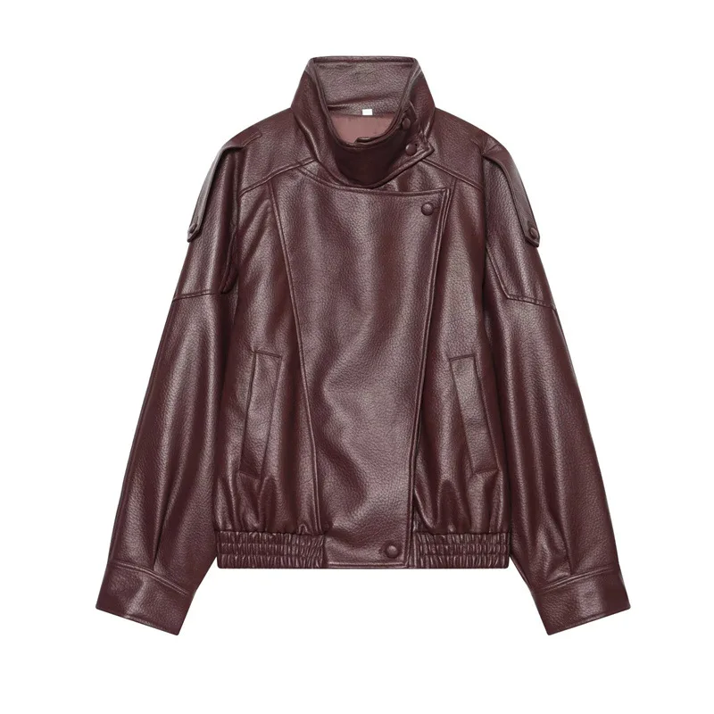 Pure Color High Collar Button Decorated Pocket PU Pilot Faux Leather Jacket Outerwear Long Sleeve Regular Length Women's Coat