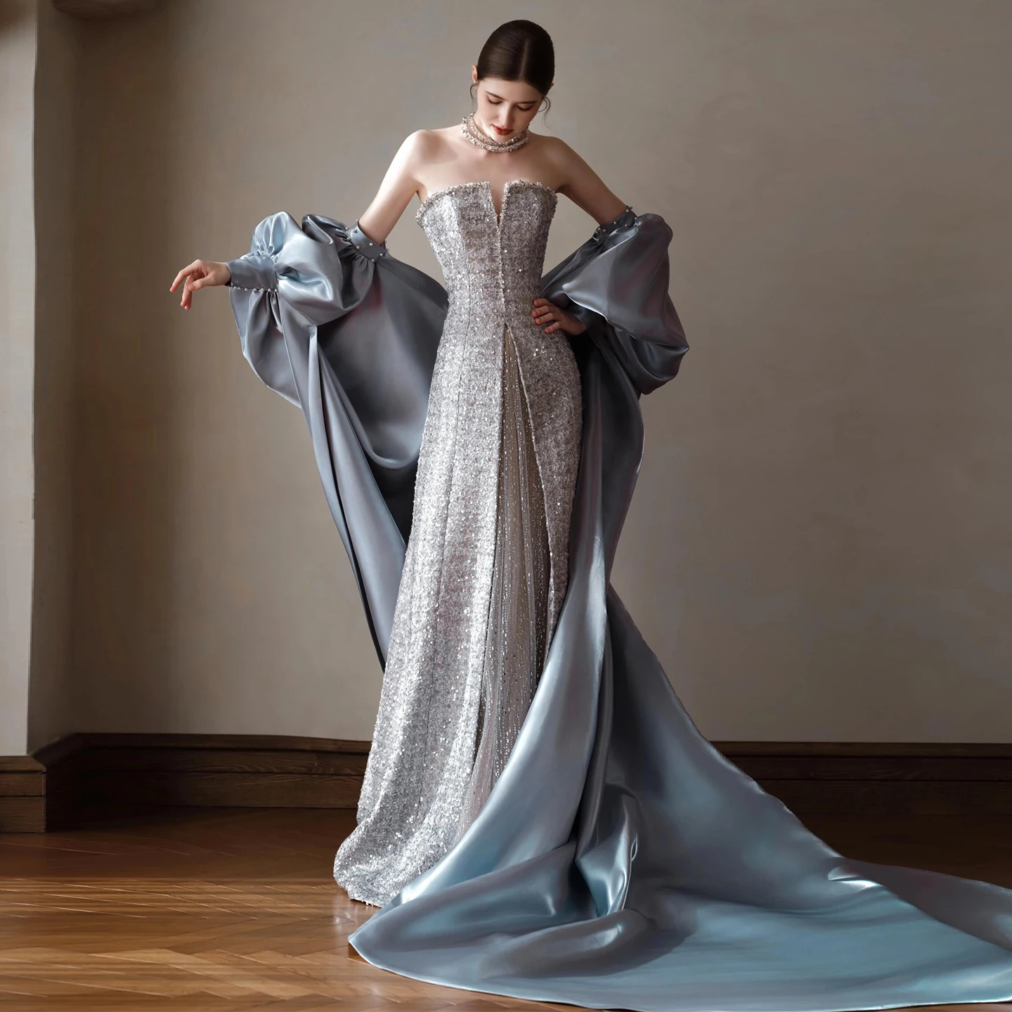 

Элегантная длинная атласная свадебная накидка с жемчугом и коротким рукавом, новая модная накидка для подиума без платья, вечерняя женская куртка TSWD807