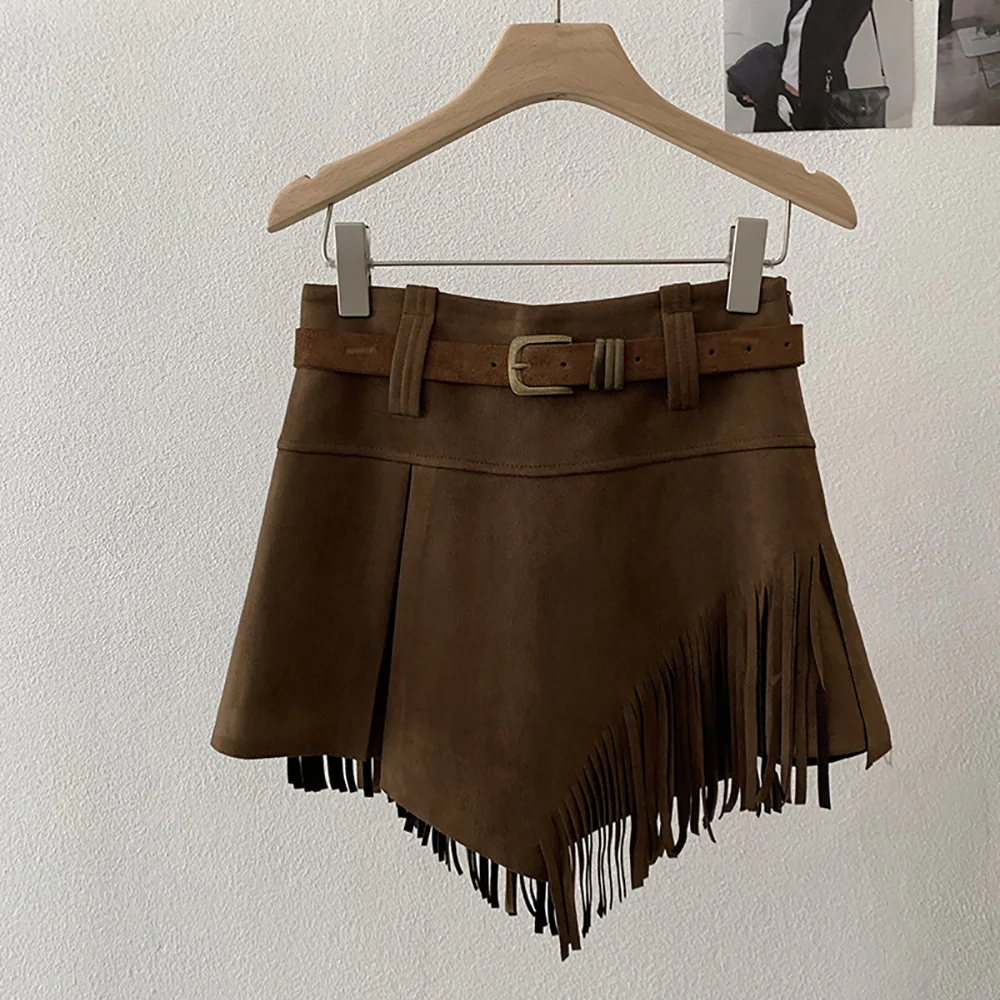 Vintage daim gland jupes femmes automne hiver irrégulière couleur unie jupe fendue décontracté fête tout-Match a-ligne Mini jupes