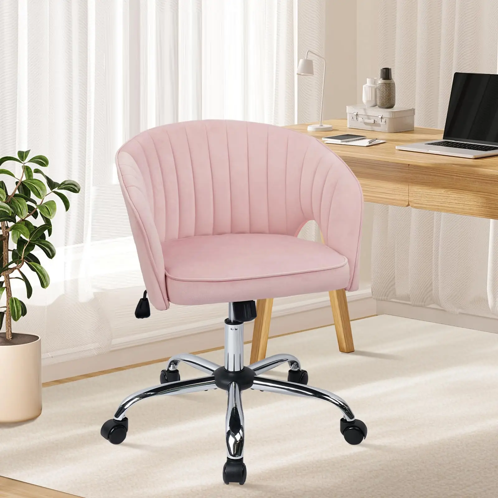 Home Desk Chair Velvet Upholstered Comfortable Ergonomic Armless Modern Vanity Chairs Adjustable Height with Wheels