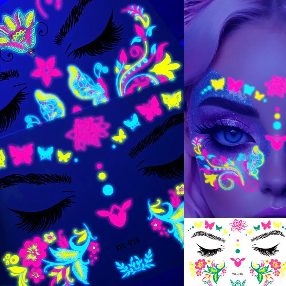 

1Pcs Fluorescent Butterfly/Flowers/Feather Tattoos Stickers Waterproof Face Temporary Tattoo Party Music Festival Glowing Makeup
