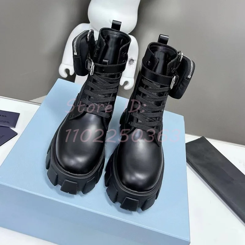 Thick Pocket Boots Round Toe Leather Punk Black Flat Solid Fashion Women Shoes Luxury Height Increasing 2024 Hot New Arrival