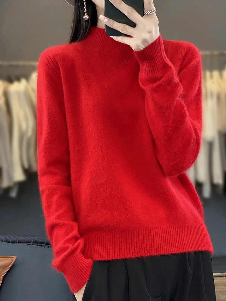 100% Mink Sweater kasmir wanita, Pullover setengah kerah tinggi lengan panjang pakaian rajut kasmir musim gugur musim dingin modis