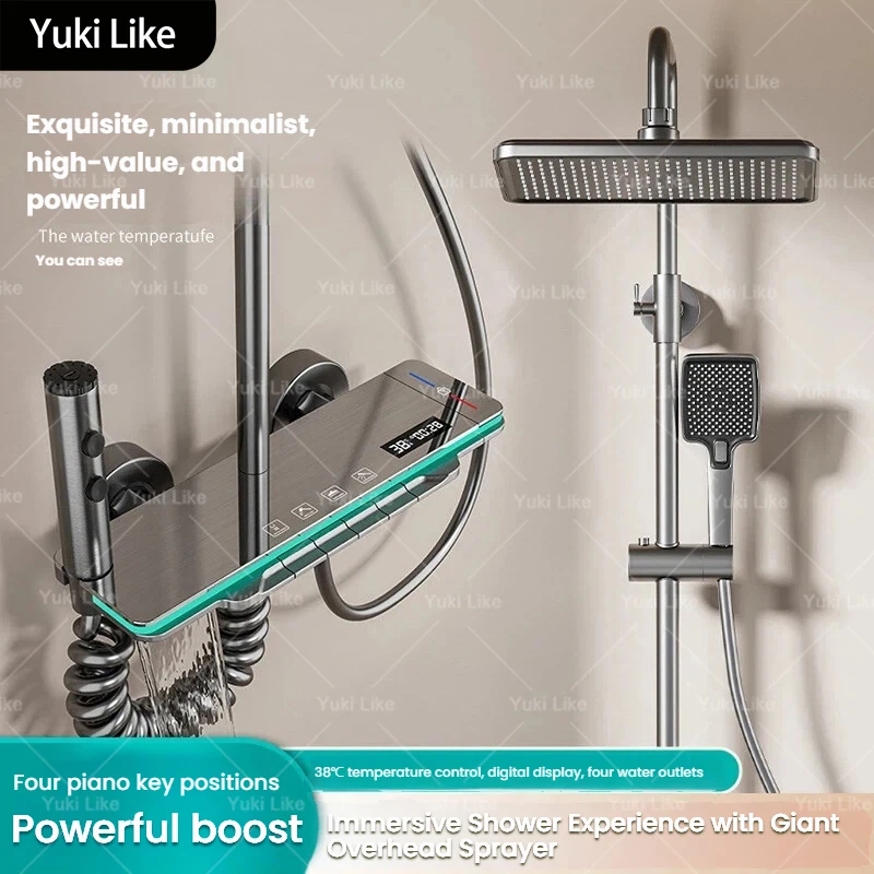 

Restroom Intelligent Gun Gray Shower System Set Multifunctional Piano Keys Ambient Lighting Effects Pressurized Shower Set