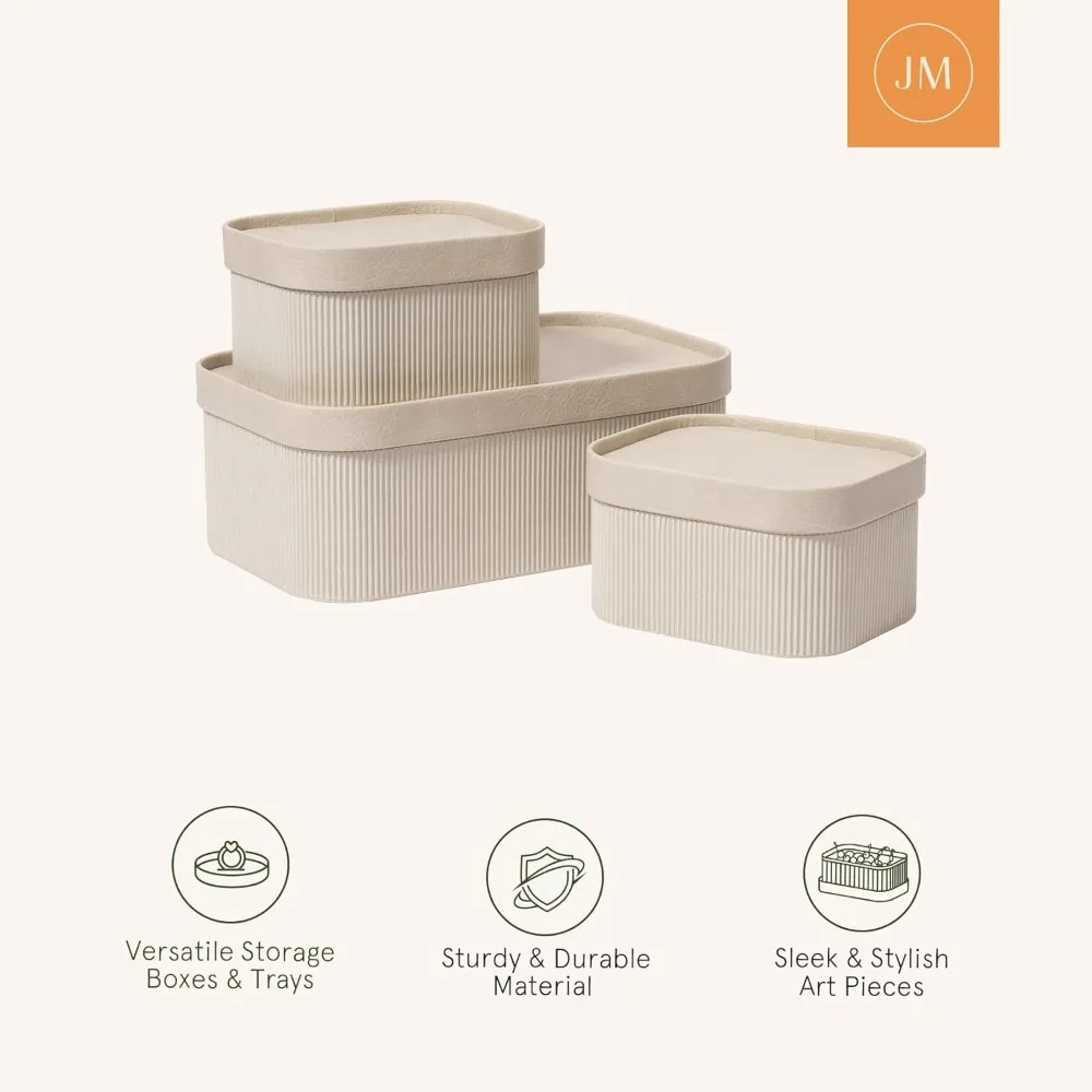 ตะกร้าเก็บของกระดาษแข็งลายริ้ว Jolie Maison พร้อมฝาปิดลายหนัง กล่องกระดาษแข็งแข็งแรง วางซ้อนกันได้ ถาดตกแต่ง ชุด 3 ชิ้น สีงาช้าง