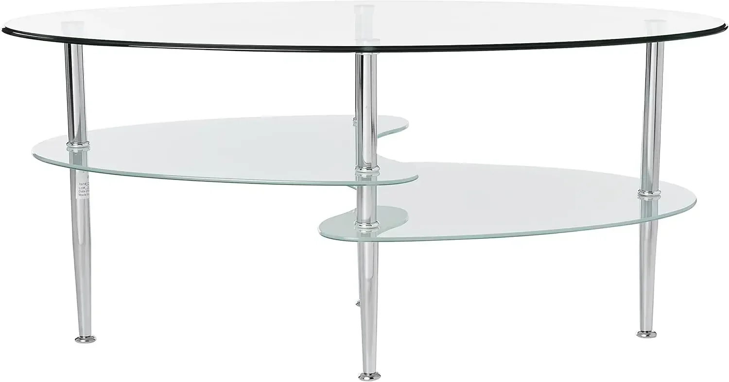 Table Basse Ovale Moderne en Verre de 37 Pouces, Étagère de Rangement pour Salon