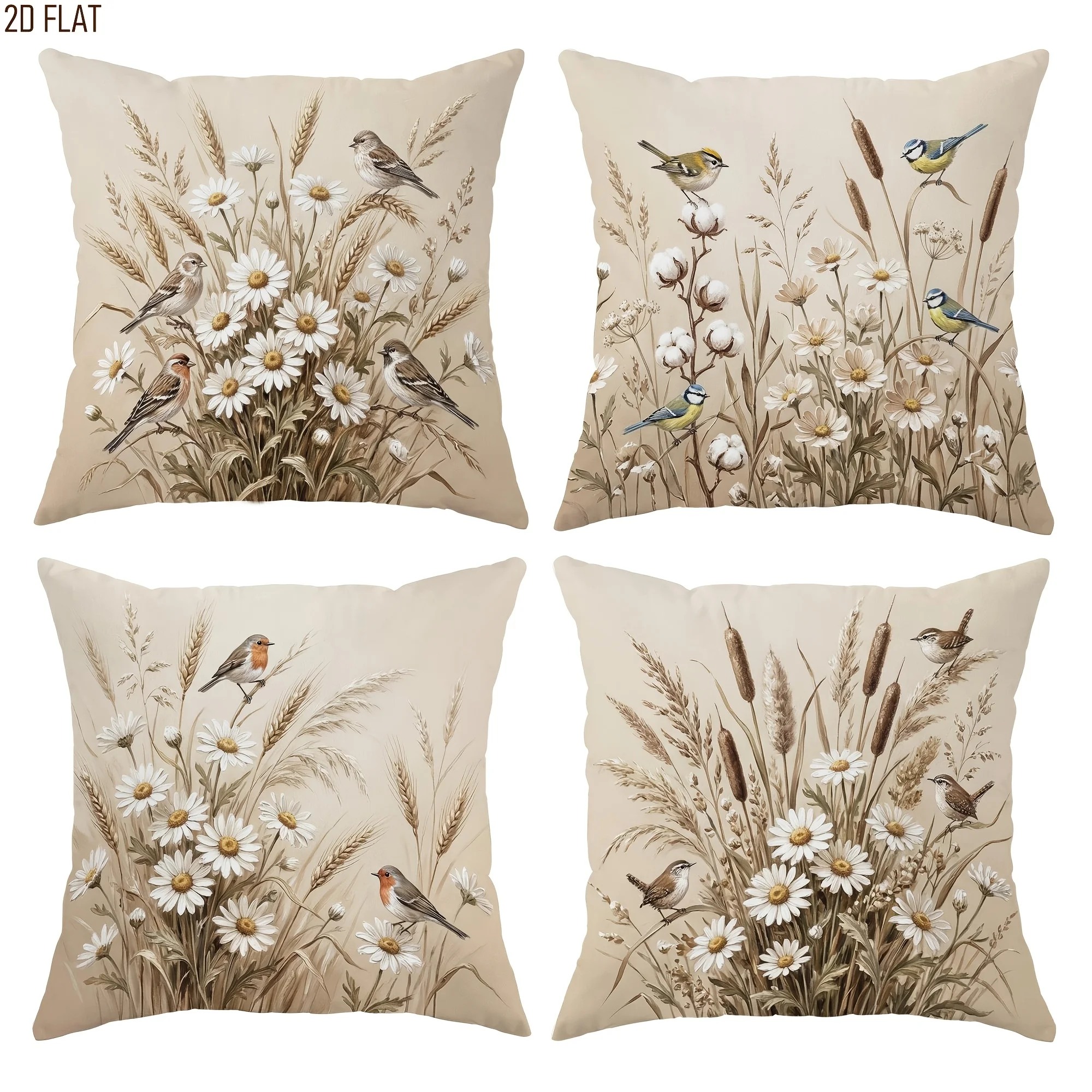 

Vintage Bird Floral Cushion Covers Spring Beige Brown Double-Sided Pillowcases Set of 4 Decorative Pillow Cases for Sofa Bed