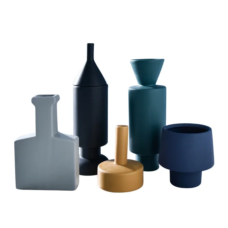 Morandi Ceramic Vase Geometric Shape Dried Flower Crafts Decoration Living Room Table Arrangement Home