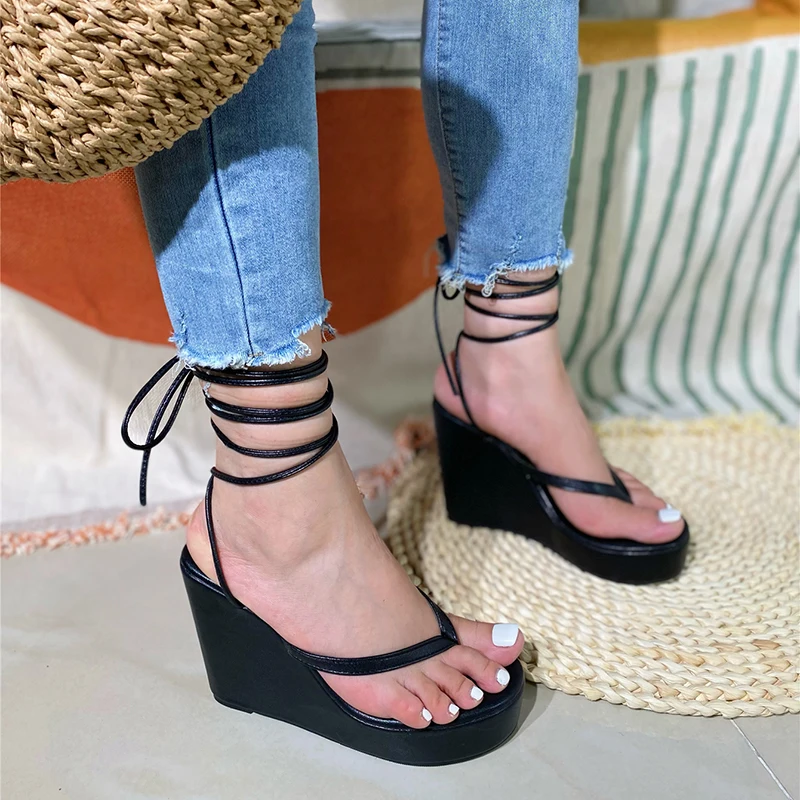 Kcenid Ankle Strap Sandals Summer Fashion Women Platform Cross-Tied Lace Up Sandals Elegant Wedges Heels Summer Shoes High Heels