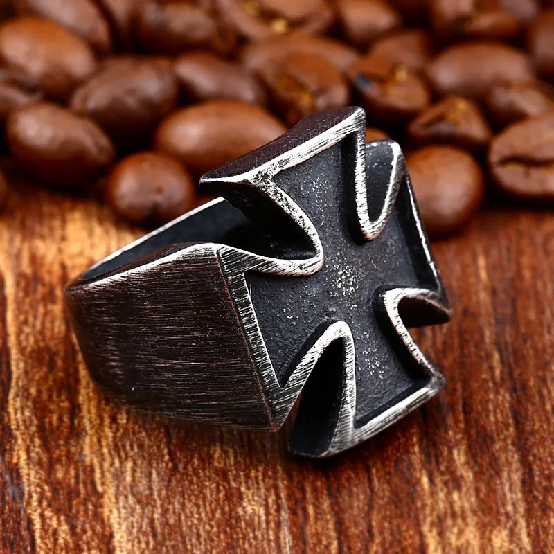 INEFFA European and American Vintage Ring Jewelry Stainless Steel Old Black Men Iron Cross Rings for Men Valentine\'s Day Gift