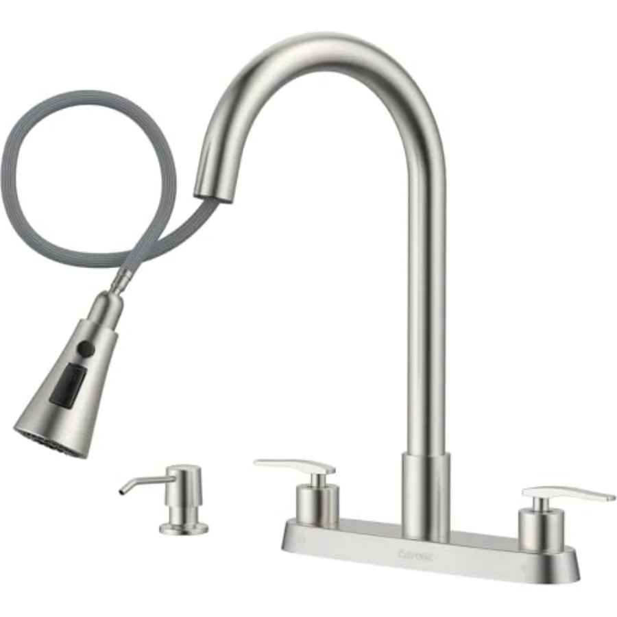 

2 Handle Kitchen Faucet with Pull Down Sprayer for Kitchen/RV 4 Holes Sink Faucets Stainless Steel Brushed Nickel with Soap Dis