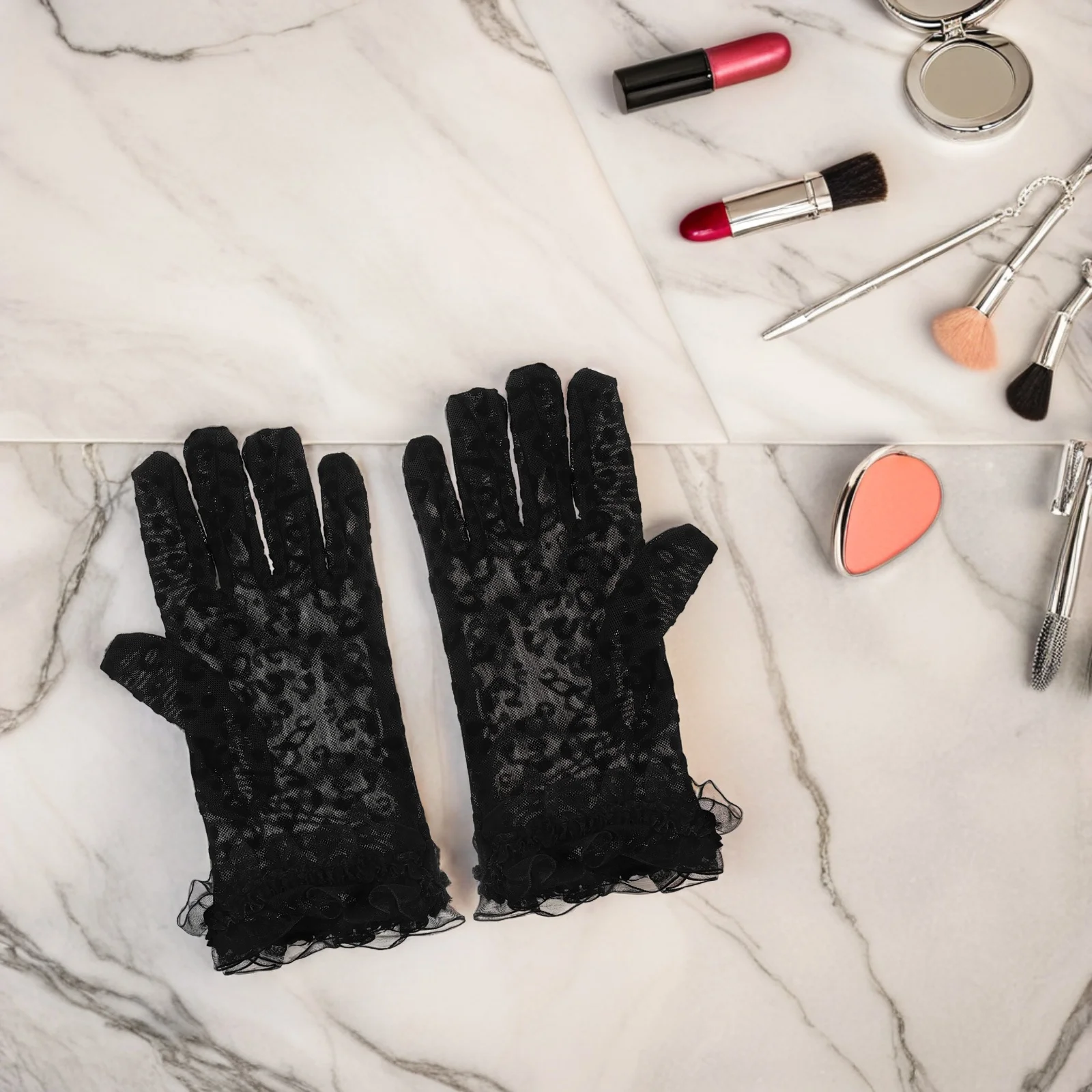 2 قطعة قفازات طباعة الفهد: شبكة سوداء من التول شفافة قصيرة المعصم لحفلات الزفاف وحفلات الزفاف والشاي المسائية إكسسوار أزياء عتيق