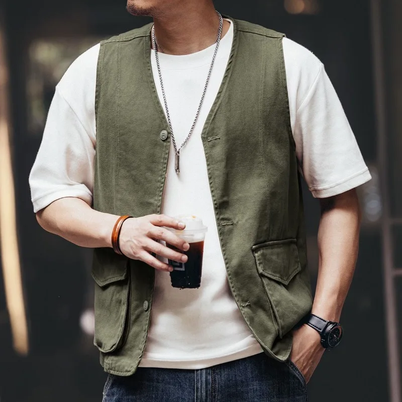 Men's Autumn Workwear Vest Retro Denim Jacket with Functional Design Loose Fit Outerwear for Casual Outdoor Activities
