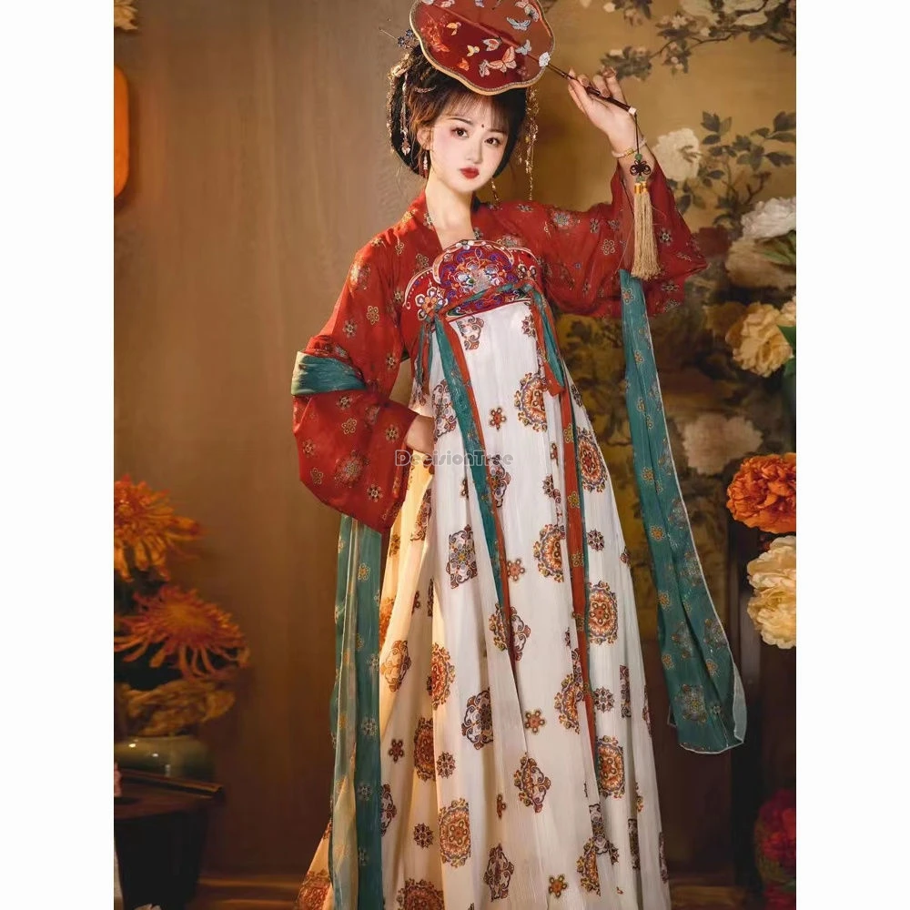 2024 chinese women traditional tang dynasty hanfu female chest-length skirt big sleeve shirt elegant printed ruqun hanfu set b85