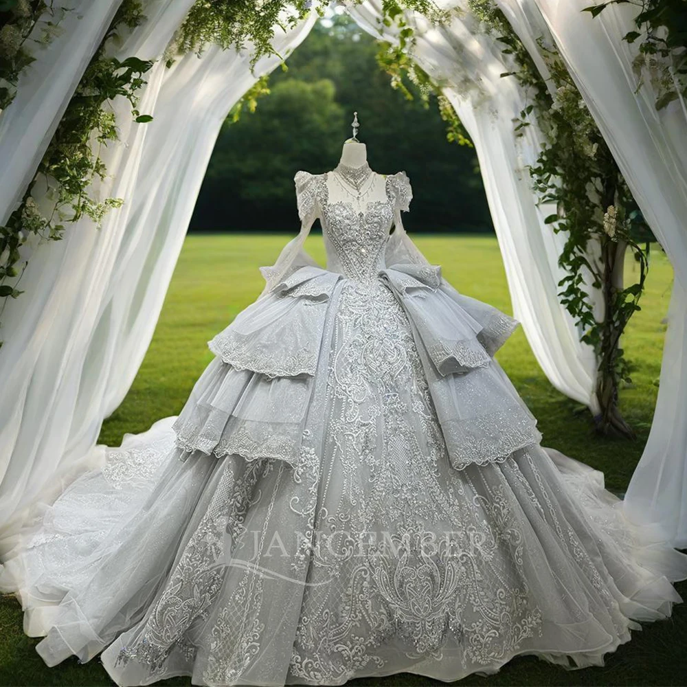 

Luxury O-Neck Ball Gown Wedding Dresses 2025 Backless Long sleeve Beading Shiny Lace Court Train Bridal Dresses vestido de novia