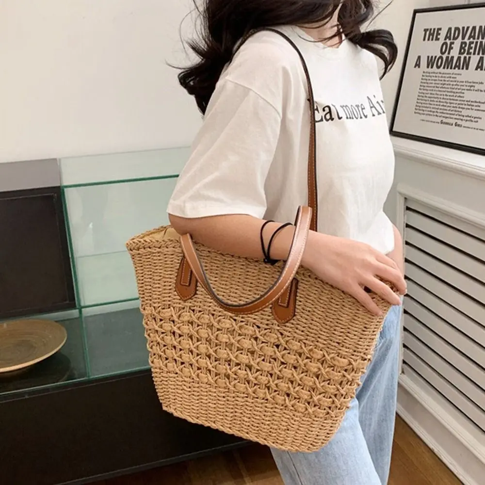 Women Casual Straw Handbags Wicker Woven Shoulder Bags Summer Beach Straw Bag Large Capacity Tote Lady Big Purses