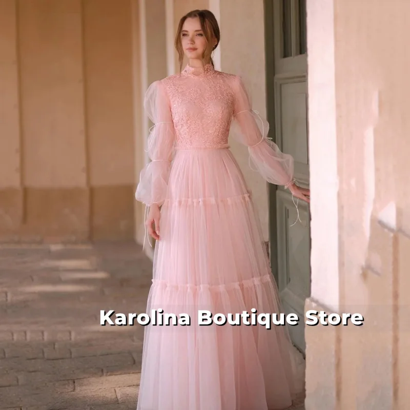 

Blush Pink Tulle Evening Dress Elegant Lace A Line Formal Occasion Dresses Botton Maxi Wedding Party Dress Customized