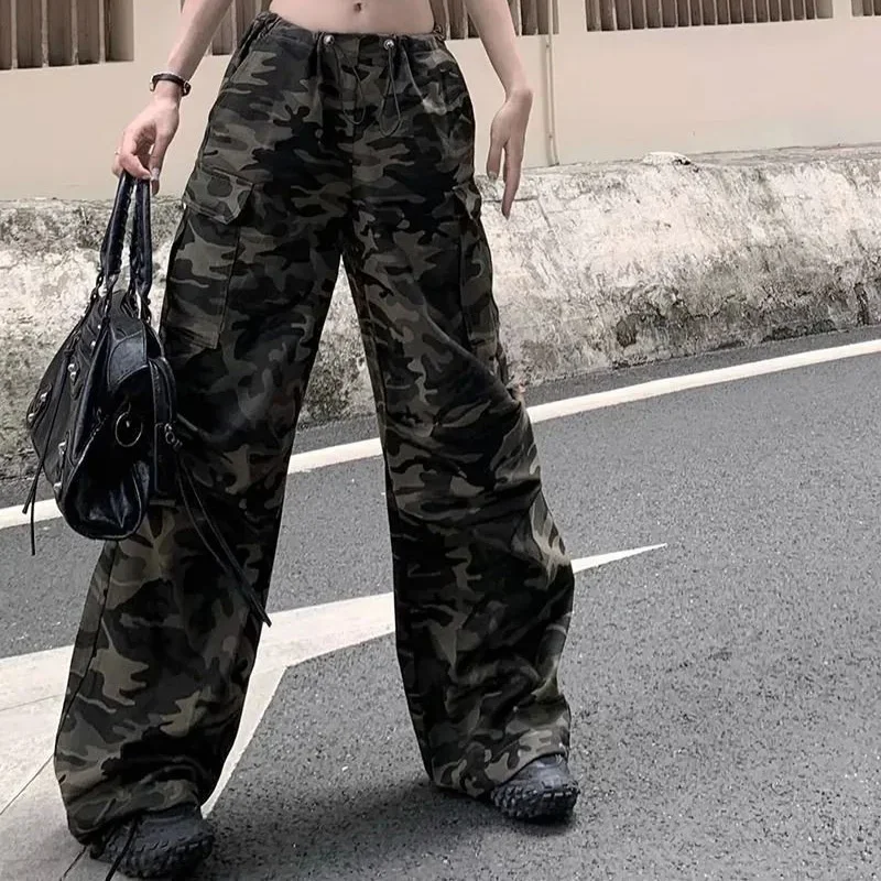 Pantalones vaqueros de pierna ancha con cordón para niña, pantalones vaqueros de camuflaje de calle alta para mujer, pantalones Cargo, pantalones vaqueros finos holgados para mujer 2025