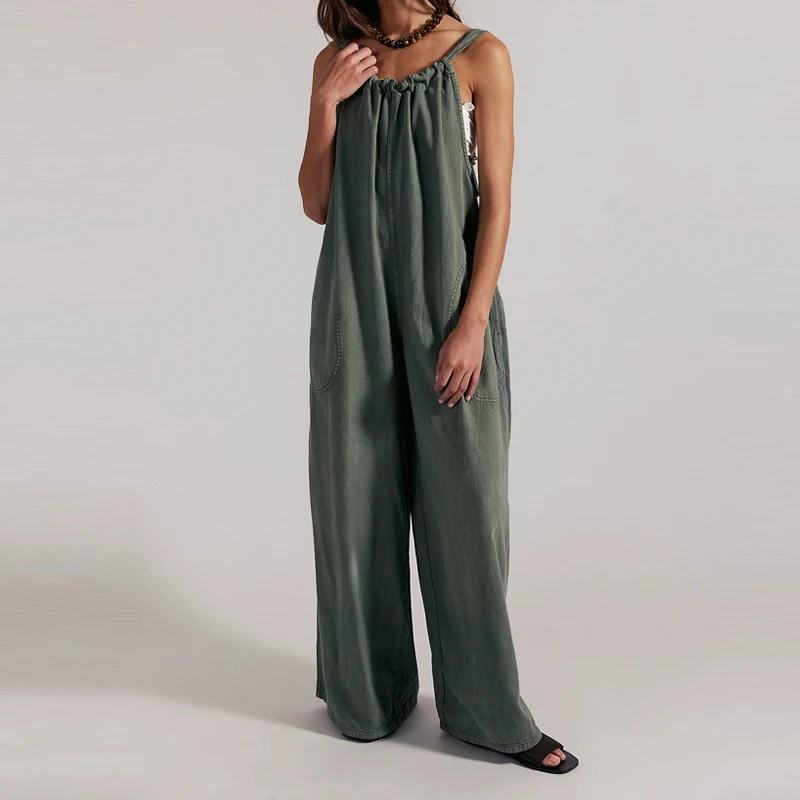 

Vintage Solid Loose Wide Leg Pants Jumpsuits Women Spring U Neck Backless Lace-up Sling Romper Summer Sleeveless Casual Overalls