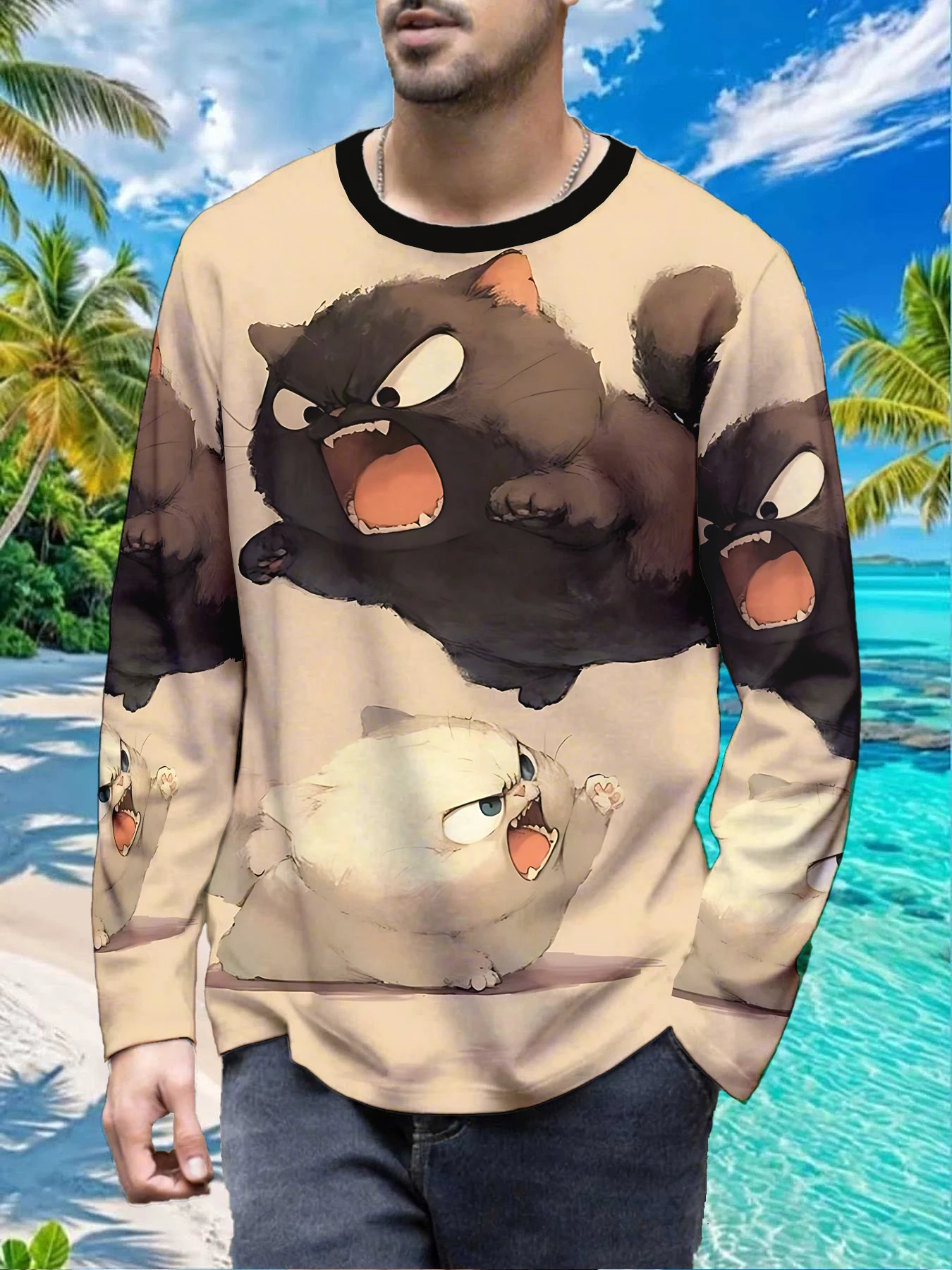 Cute Cat Kitten Feline Funny Mens Polyester Long Sleeve T Shirt Angry Black White Cat Print Graphic Tee Casual Streetwear Fall W