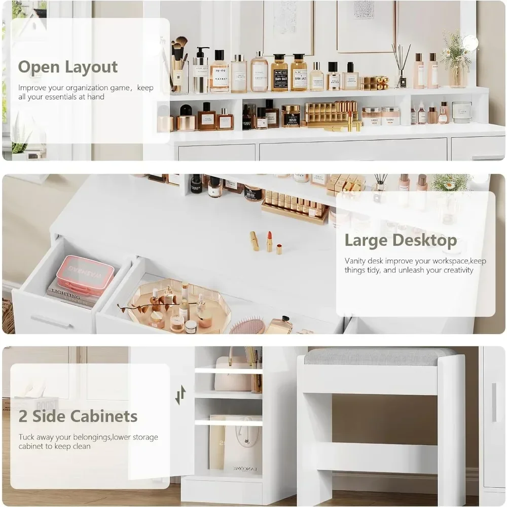 Makeup Vanity with Lights,with 3 Drawers,2 Cabinets & Long Storage Shelf,Dressing Vanity Table with Stool, Suitable for bedrooms image 6