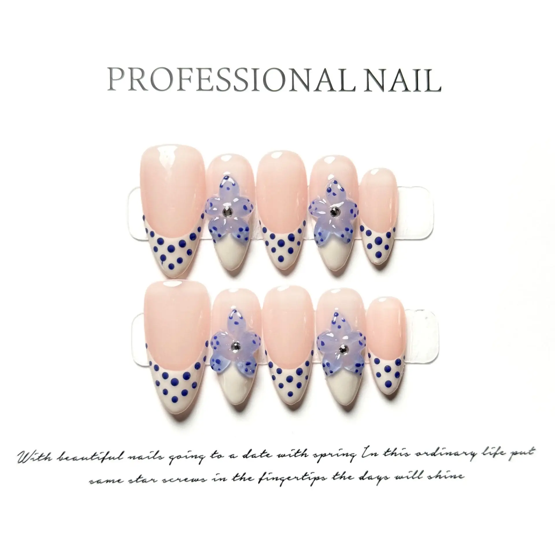 10PCS Handmade Medium Almond Blue French Press Nail Patches with Vintage Polka Dots Flowers Design Simple DIY Fake Nails Art