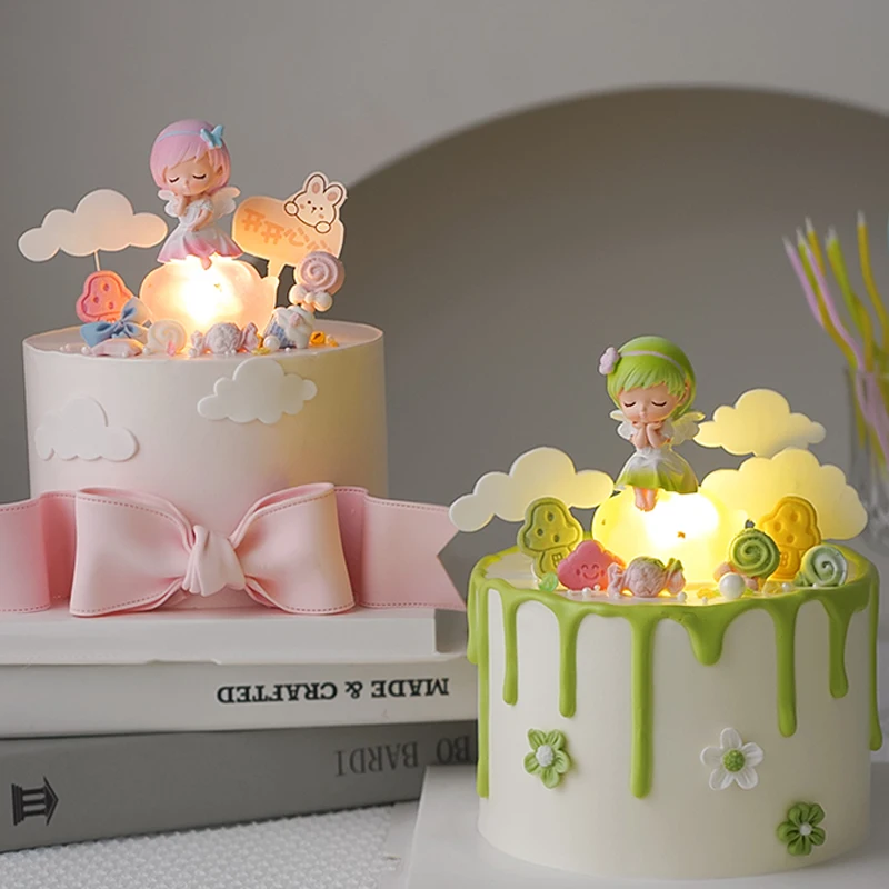 Girls Birthday Cake Decoration Glowing Clouds Angel Ornaments Happy Birthday Cake Toppers Kids Party Decoration Baking Dress Up