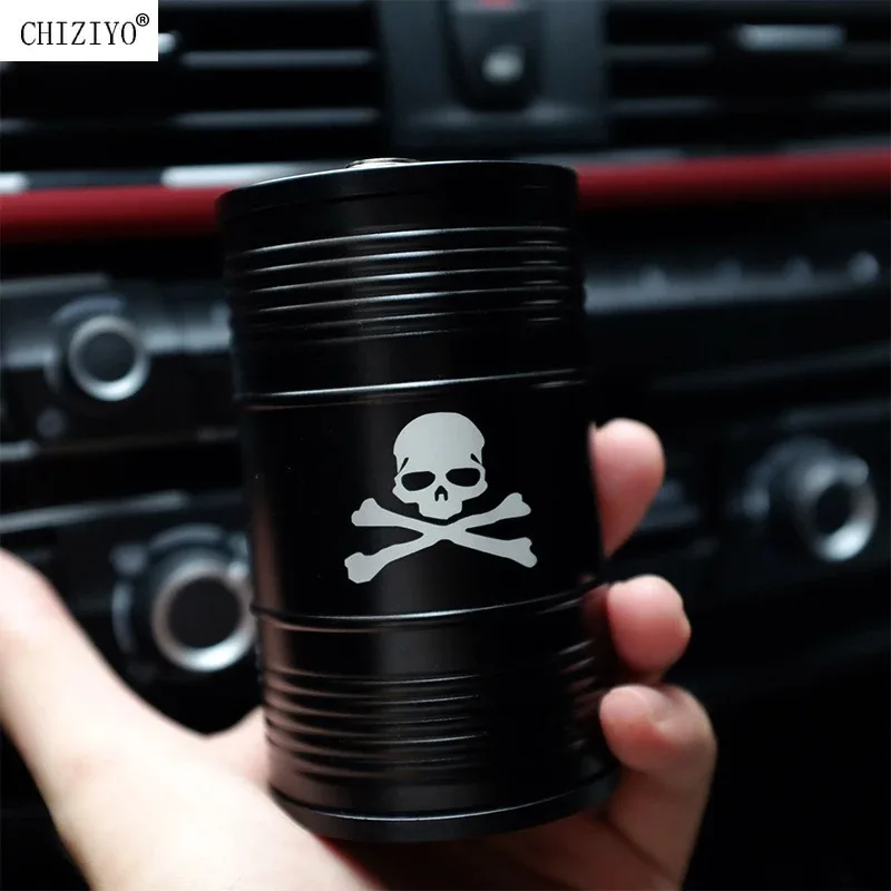 

Creative Oil Barrel Skull Car Ashtray Alloy With Lid Portable Windproof Anti-Spill Car Interior Decor Universal Auto Ash Tray