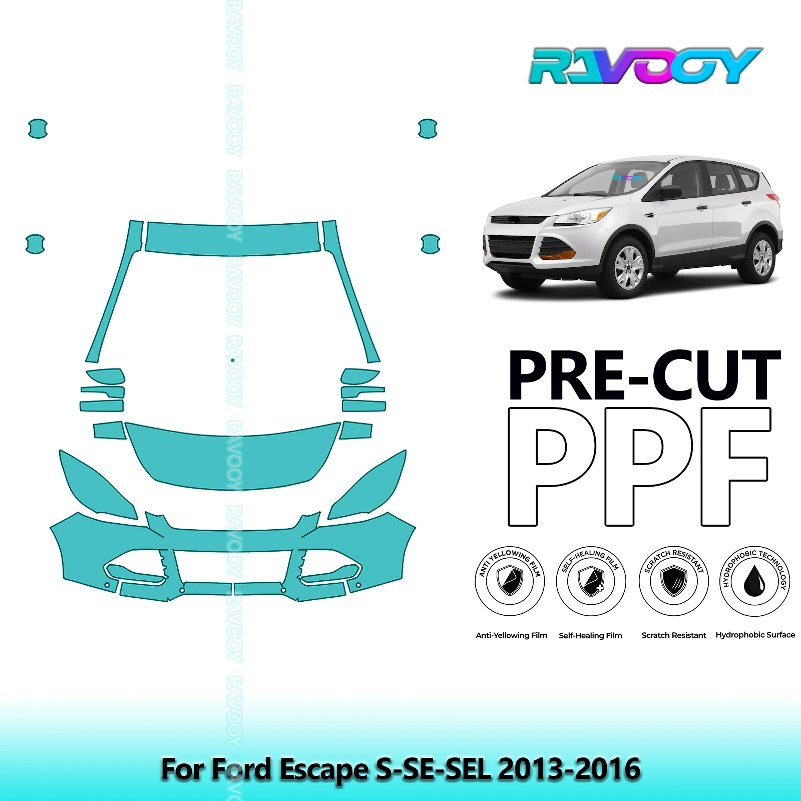 

8.5Mil Precut Paint Protection Film PPF Clear Bra Front Kit For Ford Escape S-SE-SEL 2013-2016