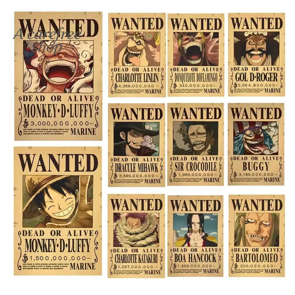Anime One Piece Bounty Wanted Posters Luffy Gear 5 Nika Ace Kid Figures Vintage Living Room Wall Decoration Stickers Toys Gif