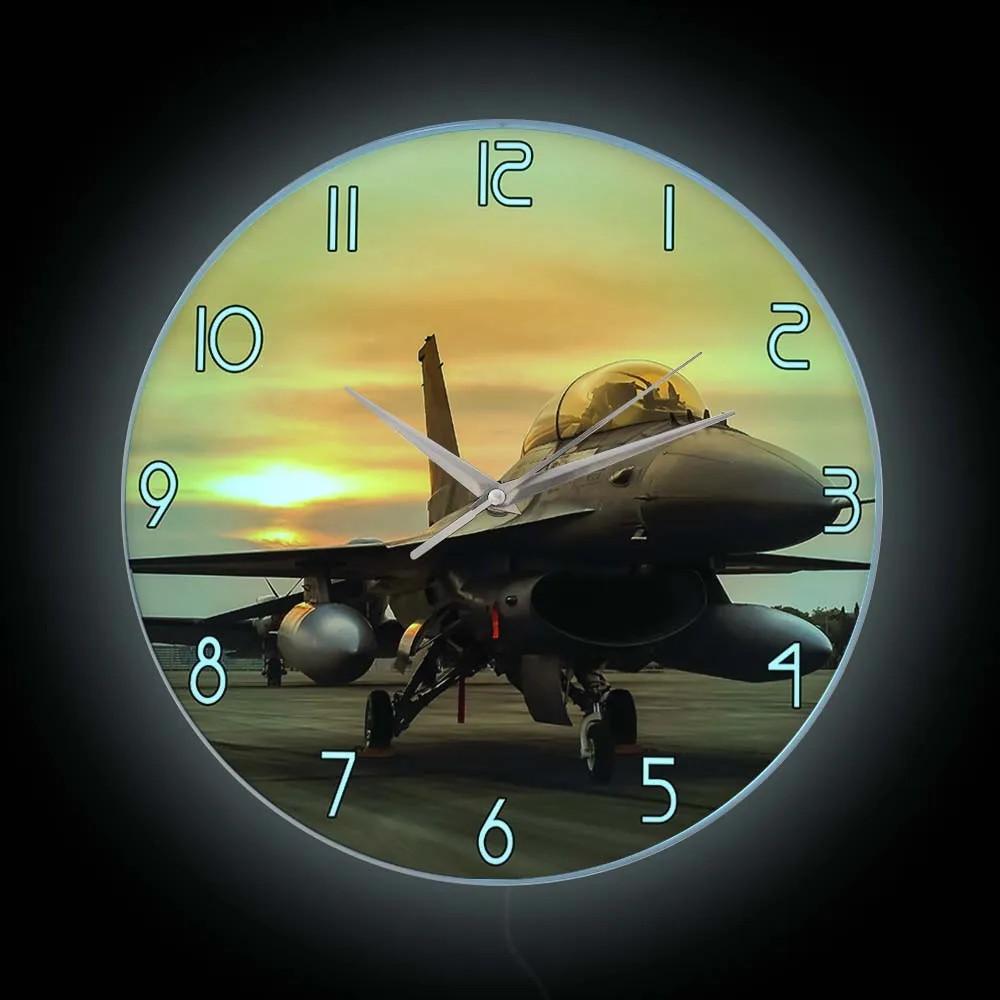 

F16 Falcon Fighter Jet Wall Clock with LED Backlight Aircraft Plane Modern Design Pilot Home Decor Wall Watch Night Light Clock