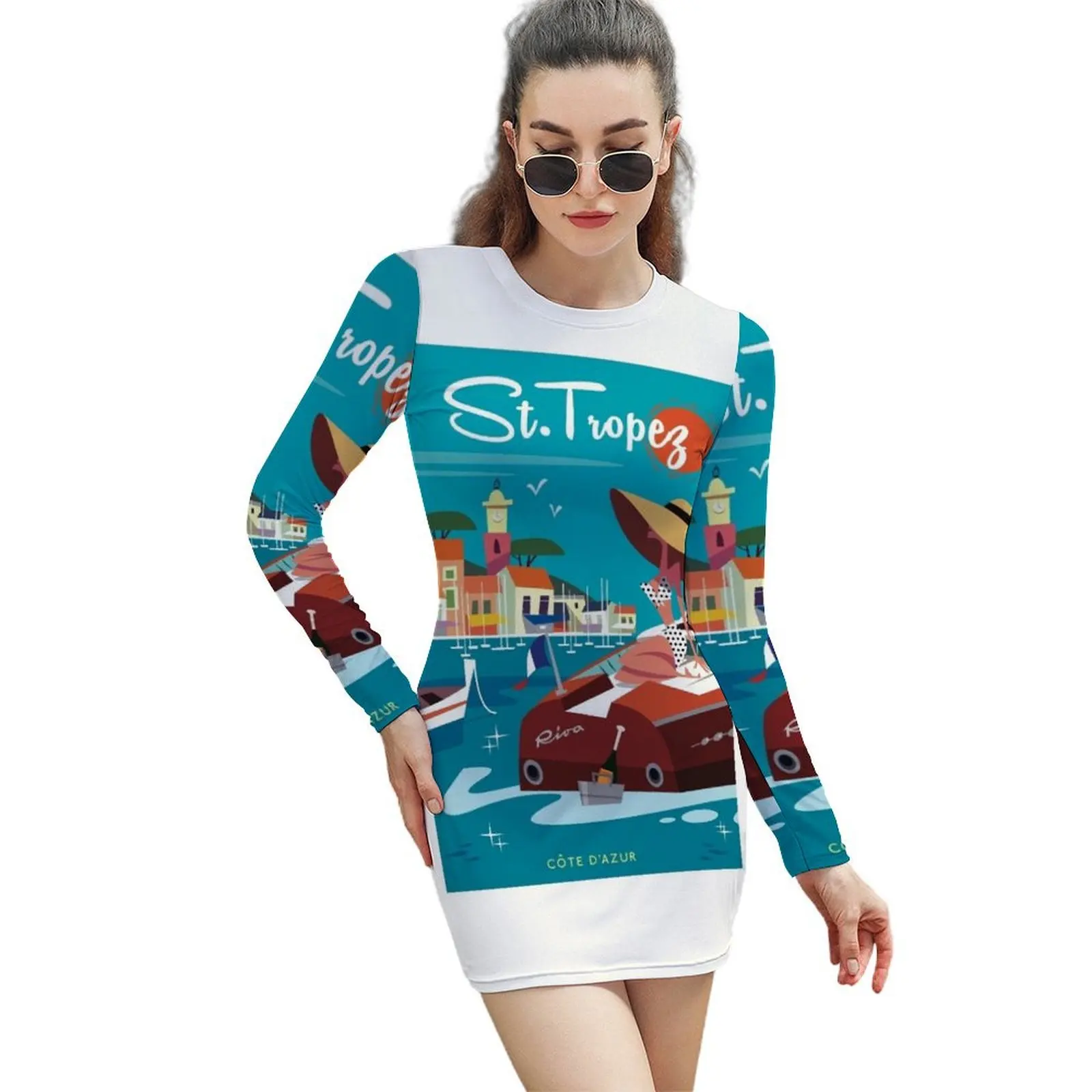 

Saint Tropez poster Long-Sleeved Sheath Dress sexy dress women clothes womans clothing