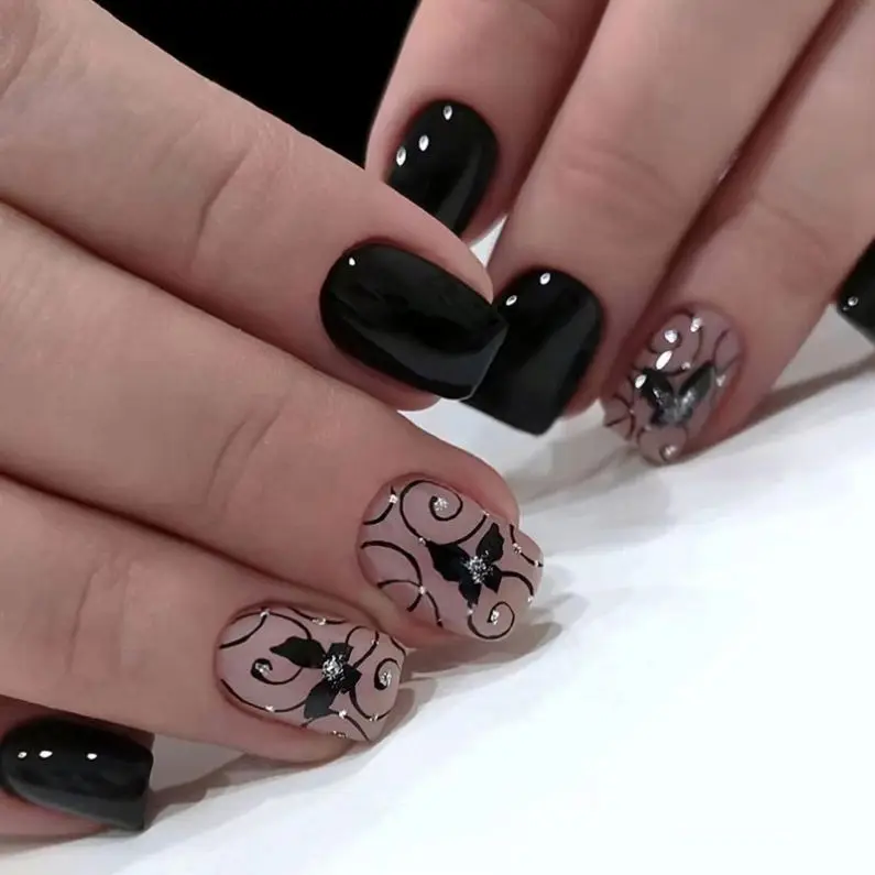 Wholesale Black Butterfly Acrylic Press-On Nails Factory Price Customizable French Style Handmade Nail Art for Fingers
