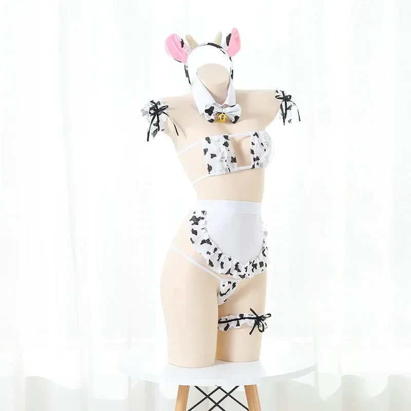 HN8 Anime Girls Maid Lencería Copa cuadrada Mini sujetador G-string Delantal Diadema Medias Bikini Mujeres Sexy Vaca de leche Cosplay Costo) 4Dc