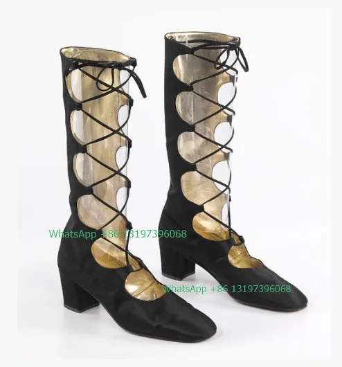 Lady hollow design calf boots lace-up chunky heel boots summer fall dress black shoes daily Mary Jane shoes footwear size