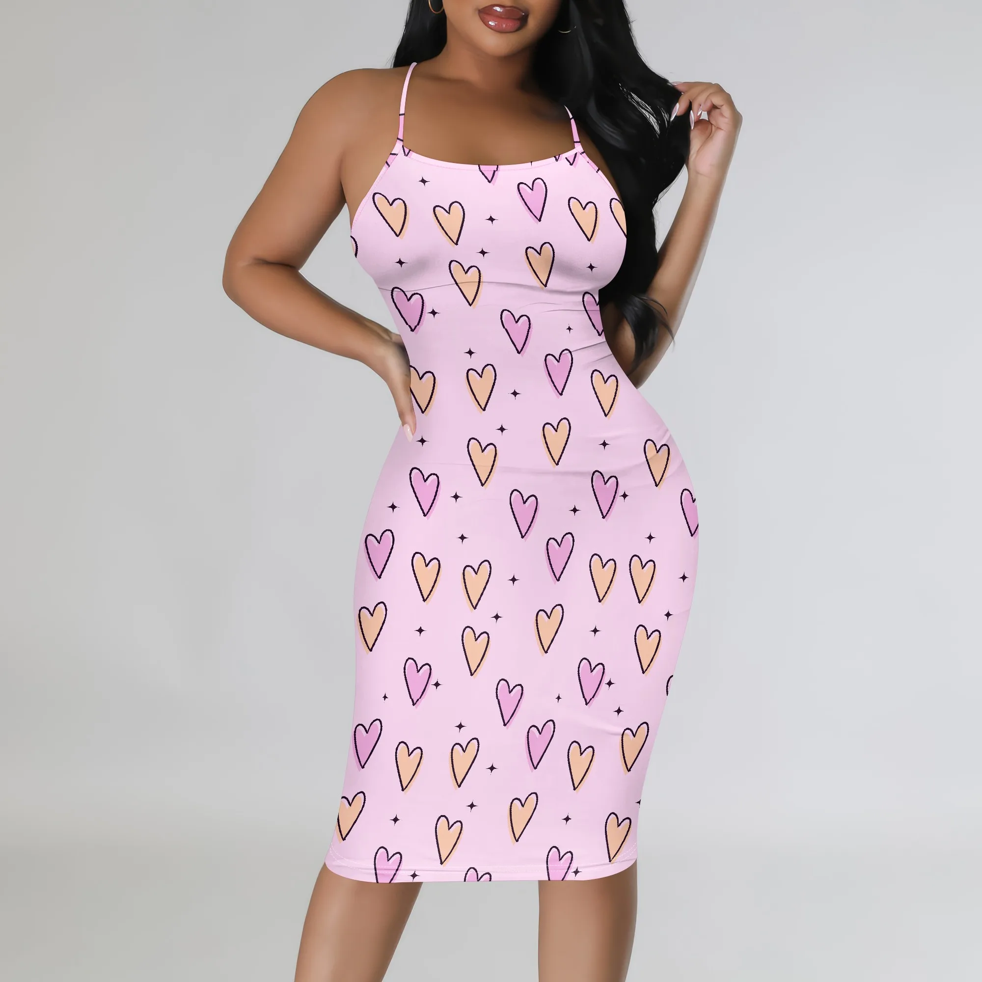 

Women's Summer Boho Spaghetti Straps Bodycon Midi Dress Sexy Stretchy Heart Print for Casual Dating Beach Party