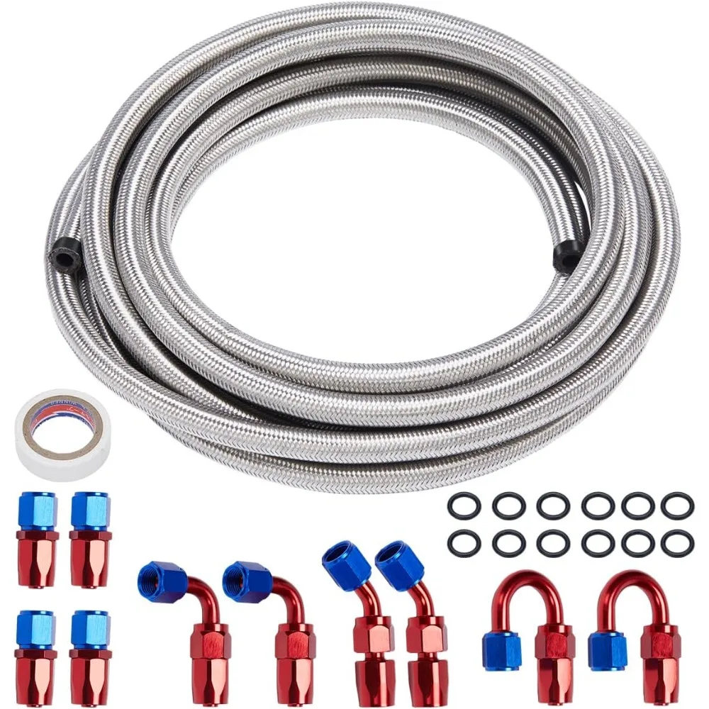 

3/8 6AN 20FT Fuel Line Hose Kit, Stainless Steel Braided Fuel Line Oil/Gas/Fuel Hose End Fitting Hose with 10PCS Swivel Fuel