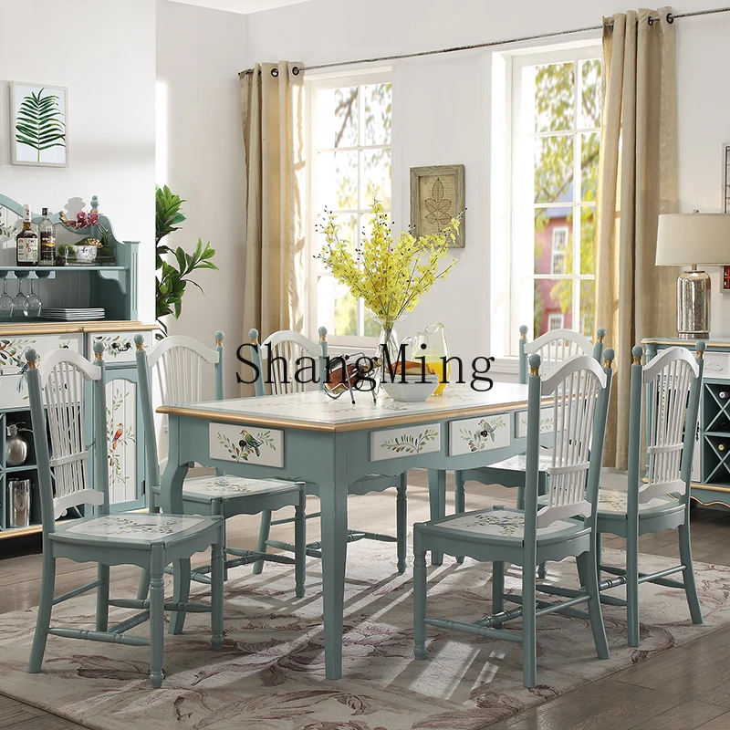 

ZYY solid wood dining table painted table dining chair with drawer household pastoral dining table and chair combination
